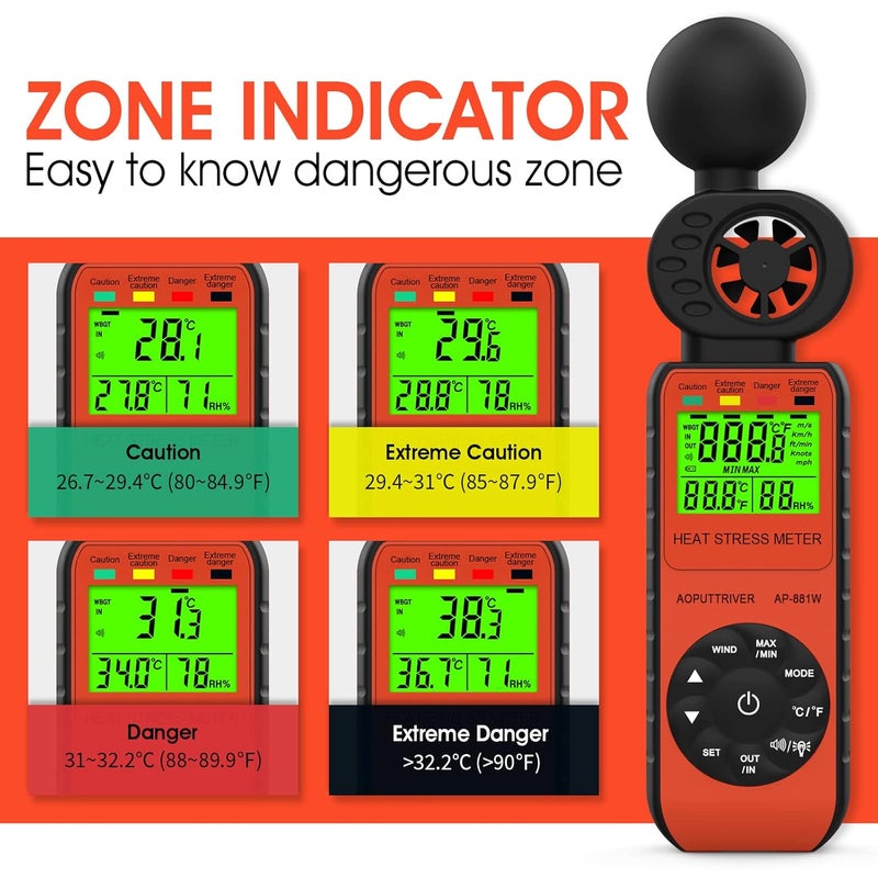AOPUTTRIVER Heat Stress Meter Anemometer, Wet Bulb Globe Heat Stress Meter LCD Display WBGT Alarms Monitoring for Indoor & Outdoor Use-Temperature Humidity Meter Orange - Image 5